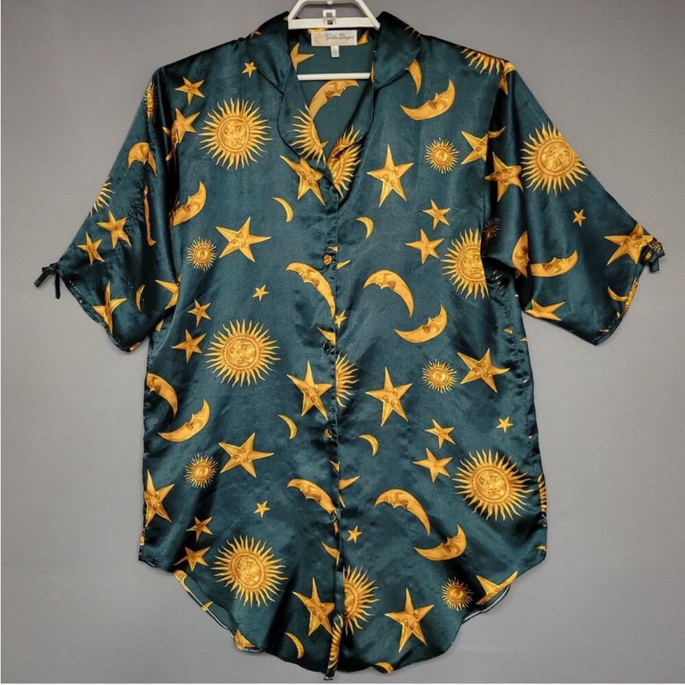 Vintage Golden Dragon Silk Nightgown Top Womens XL Green Suns Moons Button
